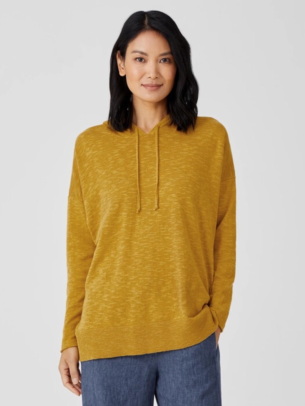 Eileen Fisher Organic Linen Cotton Slub Knit Hoodie Sweater Mustard Yellow XS